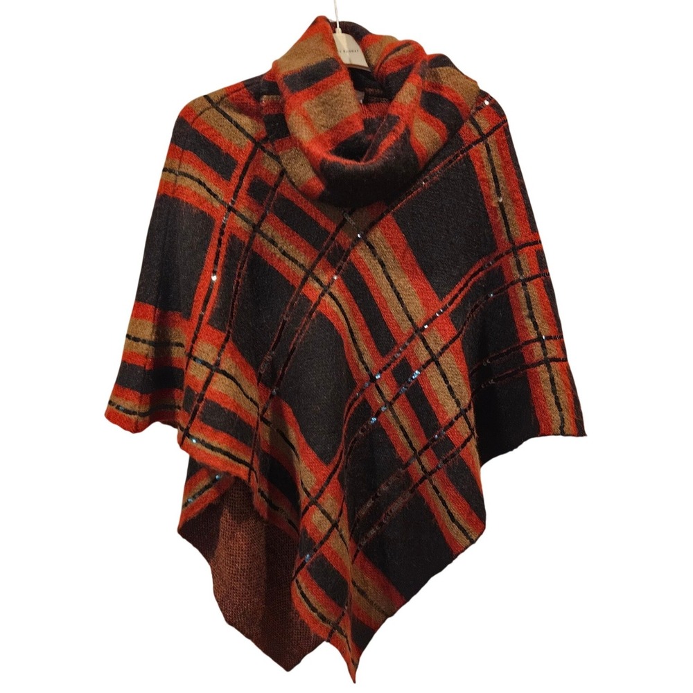 Chicos Womens Plaid Sequin Cowl Neck Poncho Sweater Red Brown M Wrap Cape‎